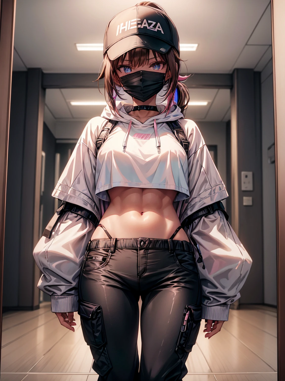 White crop hoodie, black tech wear pants, brown hair, pink highlights, blue eyes, Dutch angle, attractive woman, beautiful woman, anime girl, solo girl, one woman, cute, playful, pink room, simple mirror, toned abs, black face mask, baseball cap, ponytail