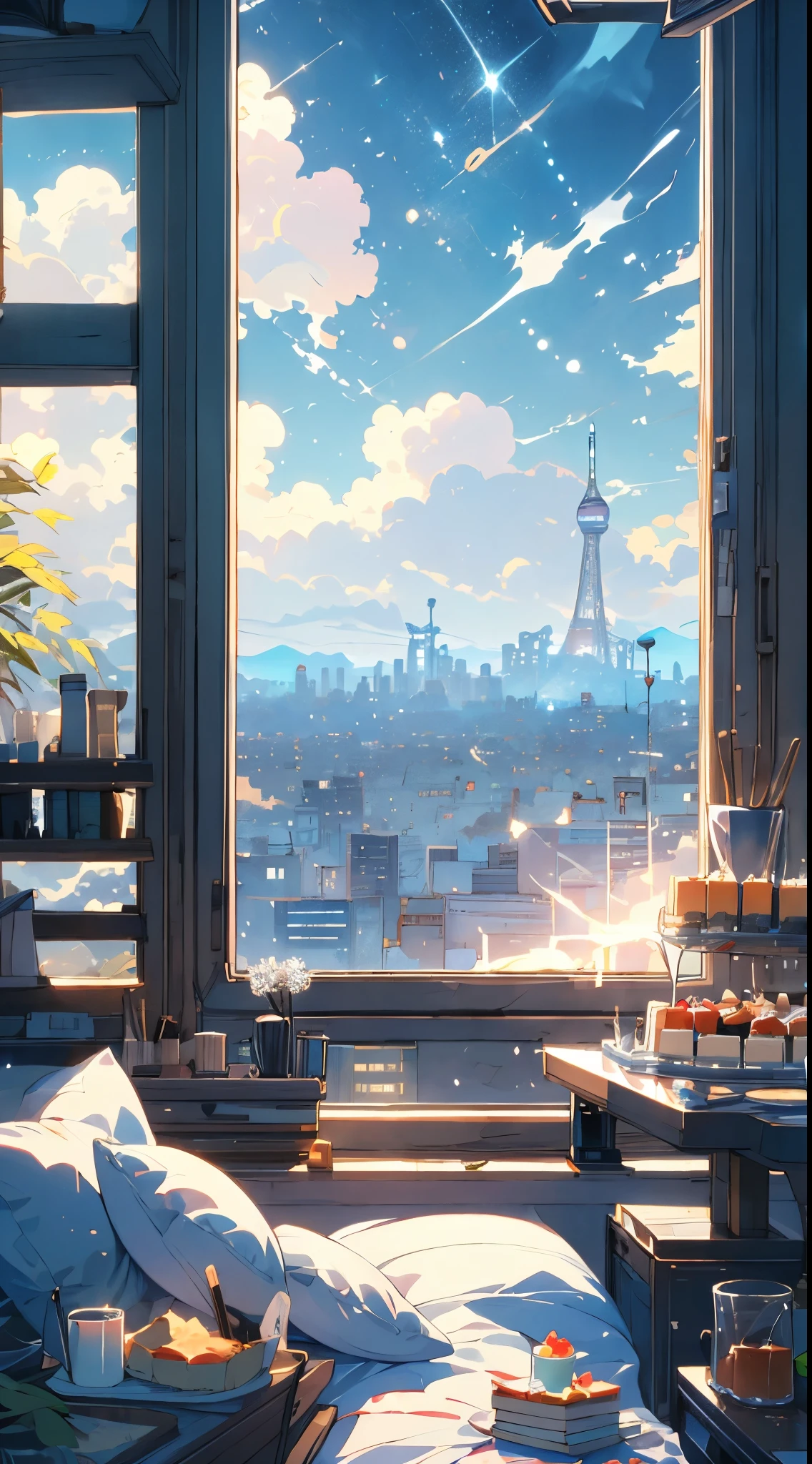 (masterpiece:1.2), best quality,PIXIV,cozy animation scenes,
scenery, cityscape, city, skyscraper, building, window, cloud, sky, food, indoors, computer, book, bed, table, clock, pillow, no humans, chair, cake, monitor, cup, plate, skyline, lying, HD, HDR, 8K