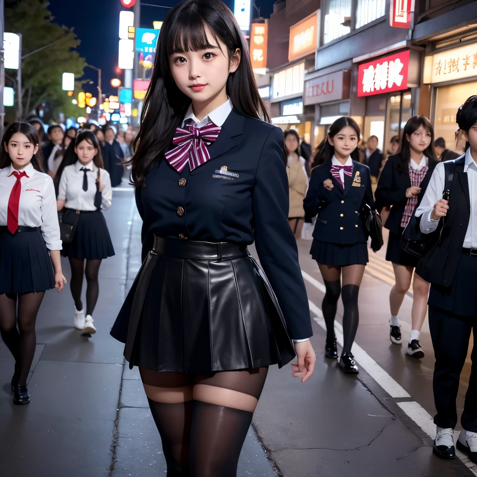 low angle shot、big breasts、Shoes are visible、super treet snap、tall, A baby-faced gal woman wearing a short skirt and bow tie is standing in a neon street at night、high school student、Thin calf、japanese girl、Winter clothes、Wearing Japanese school uniform、Japanese school black uniform、Wearing a surreal high 、girl in uniform、Wearing a dark blue uniform、Full body Esbian、nice skin、glowing skin、nice thighicro hining thighs、Plump thighs、She wears black tights that show her skin、leather shoes、Japanese high school 、Nogizaka Idol、inviting eyes