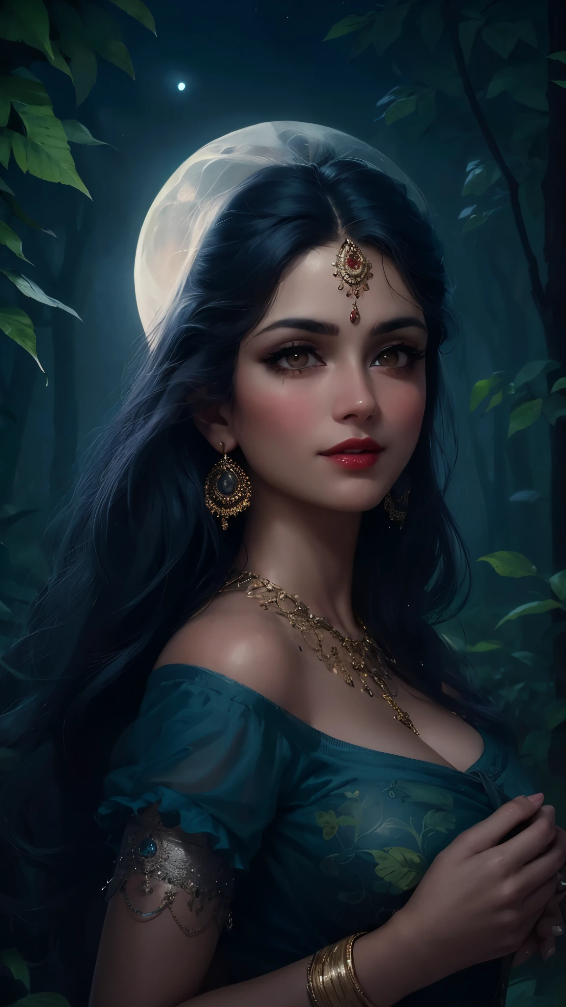 high quality, 8K Ultra HD, paintings with a Victoria Frances-like atmosphere, (holding Deepak), Detailed illustration of a fantastic beautiful woman, (beautiful face), (mature woman), perfect face, perfect eyes, perfect nose, perfect lips, paintings with a mysterious touch, outdoor background, (dark forest background), (night), full moon, awesome full color, smile, (red lips), blush on face, (blush), ((silver eyes)), ((silver hair)), (((wearing a black and white saree))), ((red bindi between the eyebrows)), cinematic blue tone, cinematic colour grading