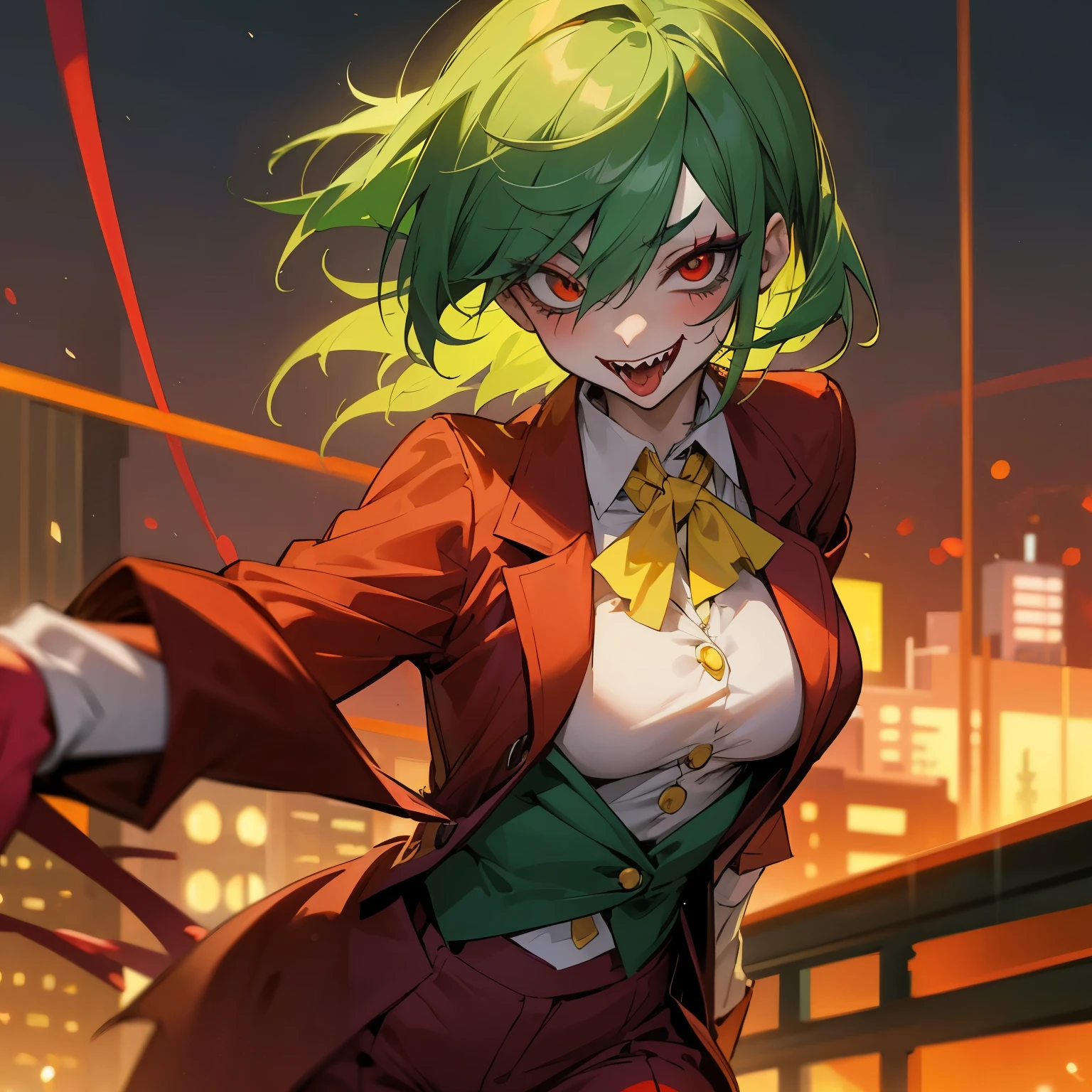 Anime girl with green hair and red pants in a city - SeaArt AI