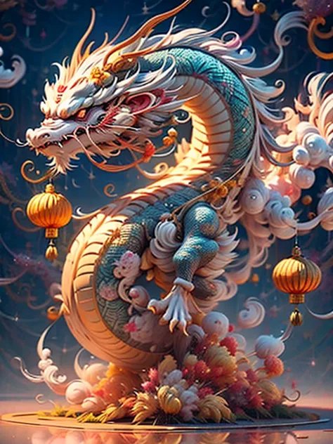 cute chinese dragon, fireworks background，Chinese new year decoration（（（masterpiece）））， （（best quality））， ， （（Surrealism））（8k）