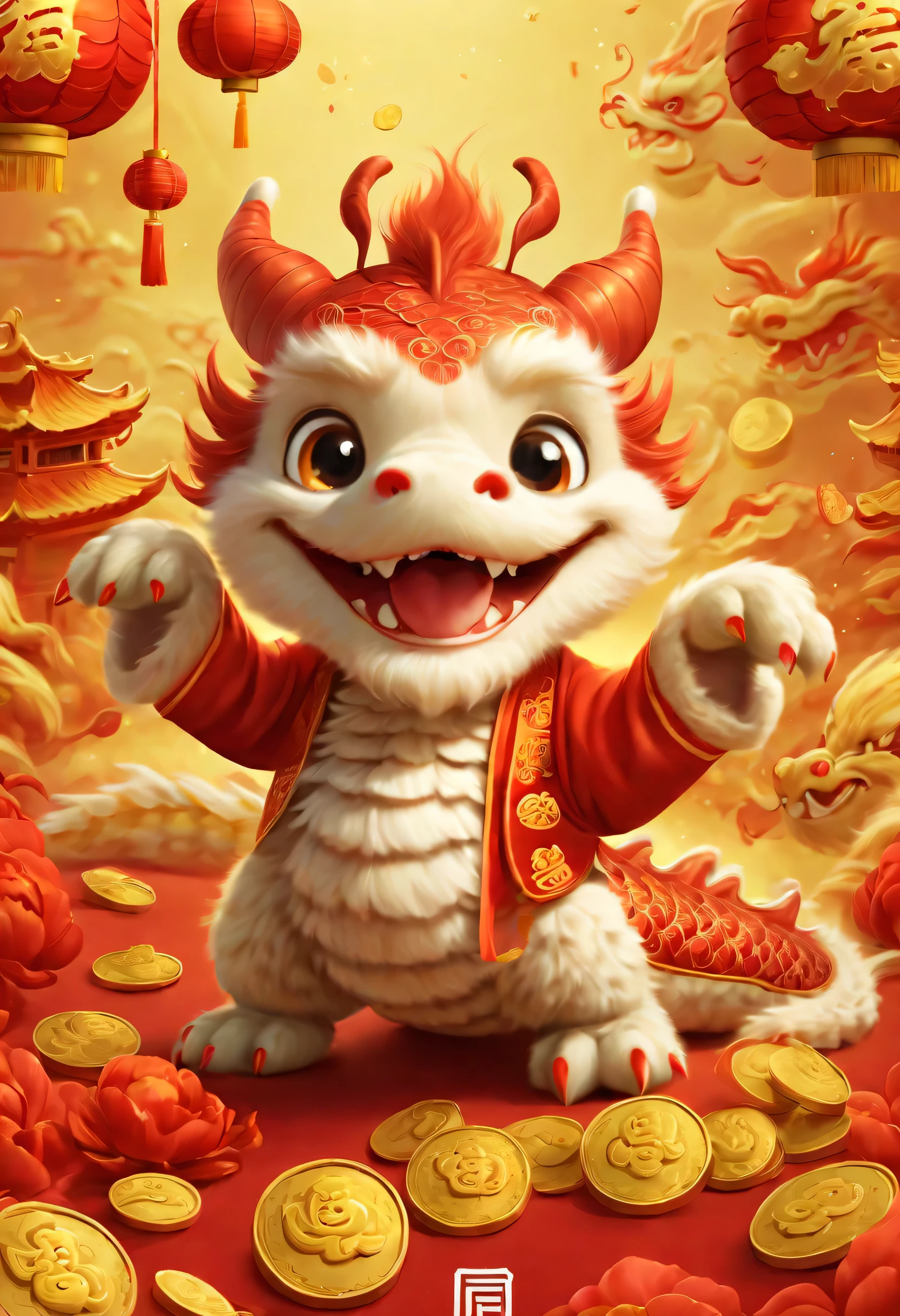 poster design：Chinese New Year is here，Cute little Chinese dragon so happy，hairy，purse，There are many gold coins in the air，Chinese element background blur，