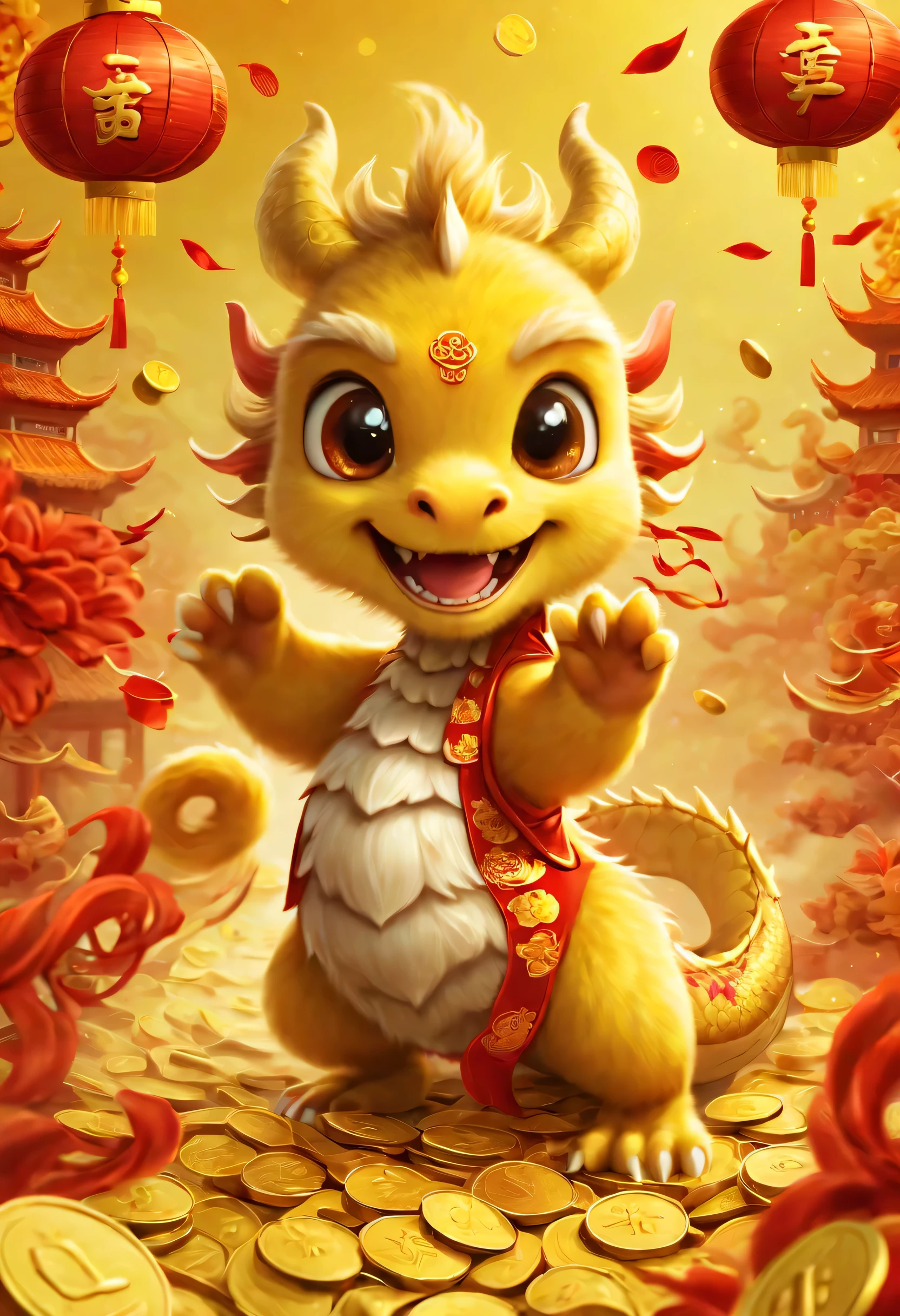 poster design：Chinese New Year is here，Cute little Chinese dragon so happy，hairy，purse，There are many gold coins in the air，Chinese element background blur，