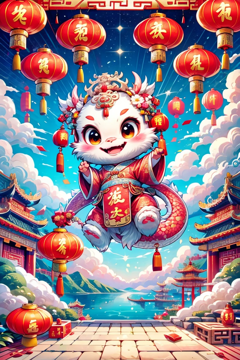 1 китайский дракон，(Китайский дворец:1.5)，средний план，китайский стиль，Весенний фестиваль，фонарь，фейерверк，петарда，Цветы，облака，каменный фрагмент，красивая и нежная вода，Деревянный пол，Милый китайский дракон