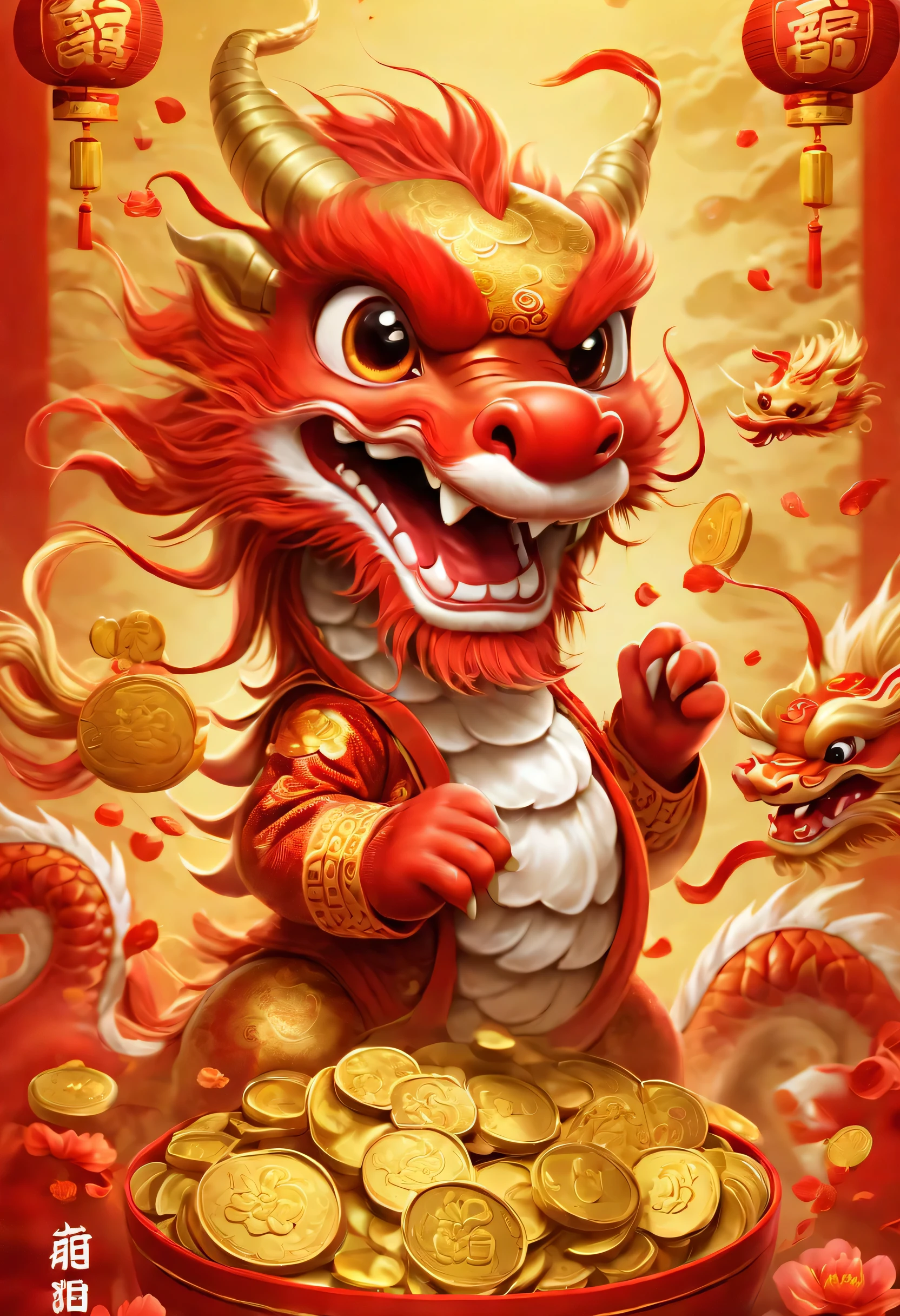 poster design：Chinese New Year is here，Cute little Chinese dragon so happy，hairy，purse，There are many gold coins in the air，Chinese element background blur，