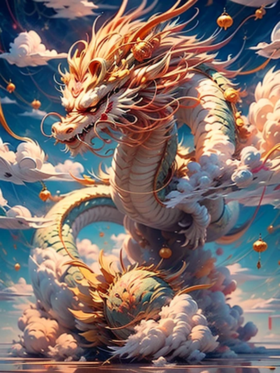 Clouds surround cute Chinese dragon, fireworks background，Chinese new year decoration（（（masterpiece）））， （（best quality））， ， （（Surrealism））（8k）