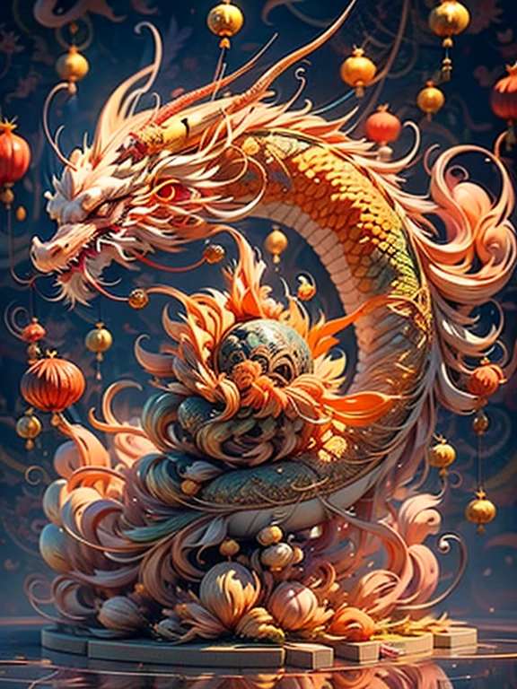 Goldfish surround cute chinese dragon, fireworks background，Chinese new year decoration（（（masterpiece）））， （（best quality））， ， （（Surrealism））（8k）