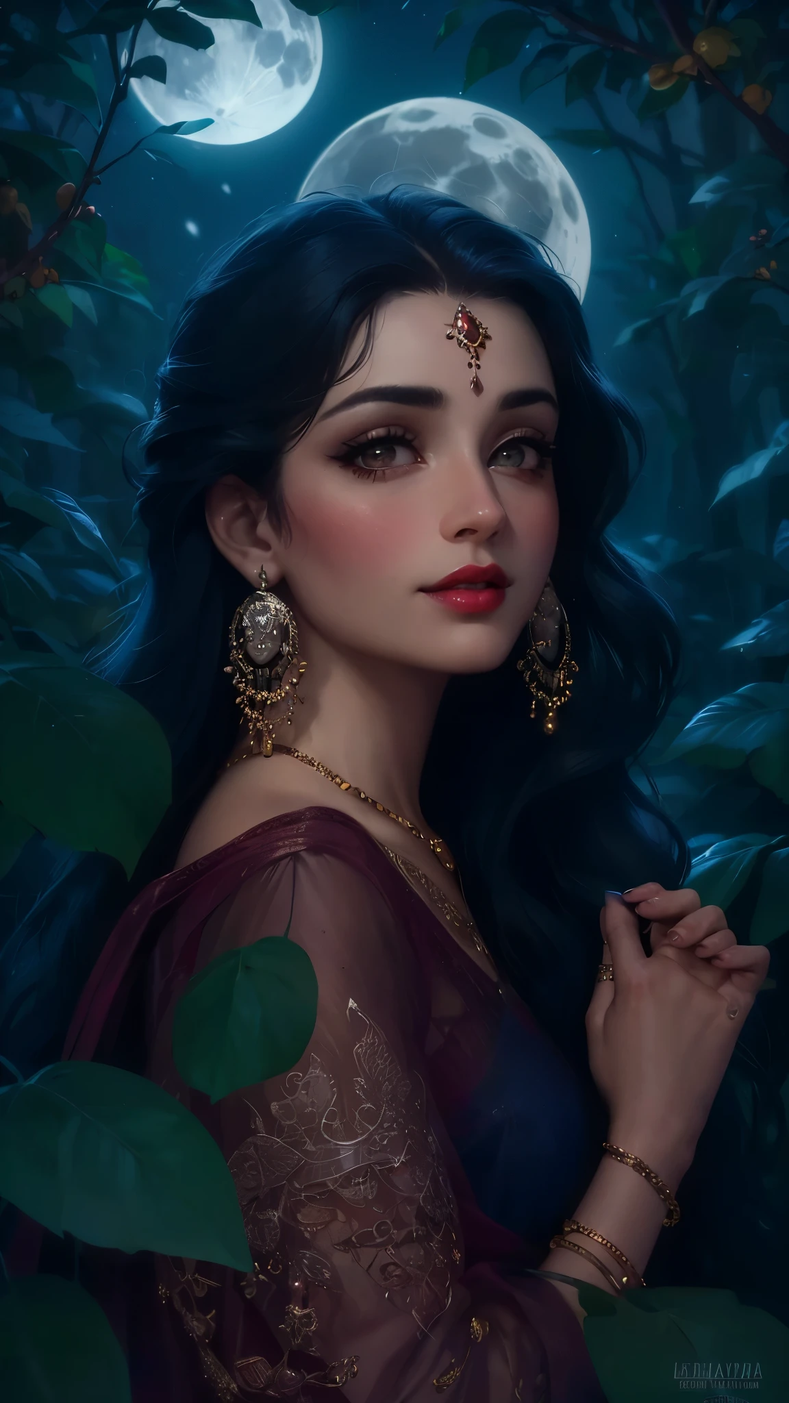 high quality, 8K Ultra HD, paintings with a Victoria Frances-like atmosphere, (holding Deepak), Detailed illustration of a fantastic beautiful woman, (beautiful face), (mature woman), perfect face, perfect eyes, perfect nose, perfect lips, paintings with a mysterious touch, outdoor background, (dark forest background), (night), full moon, awesome full color, smile, (red lips), blush on face, (blush), ((silver eyes)), ((silver hair)), (((wearing a black and white saree))), ((red bindi between the eyebrows)), cinematic blue tone, cinematic colour grading