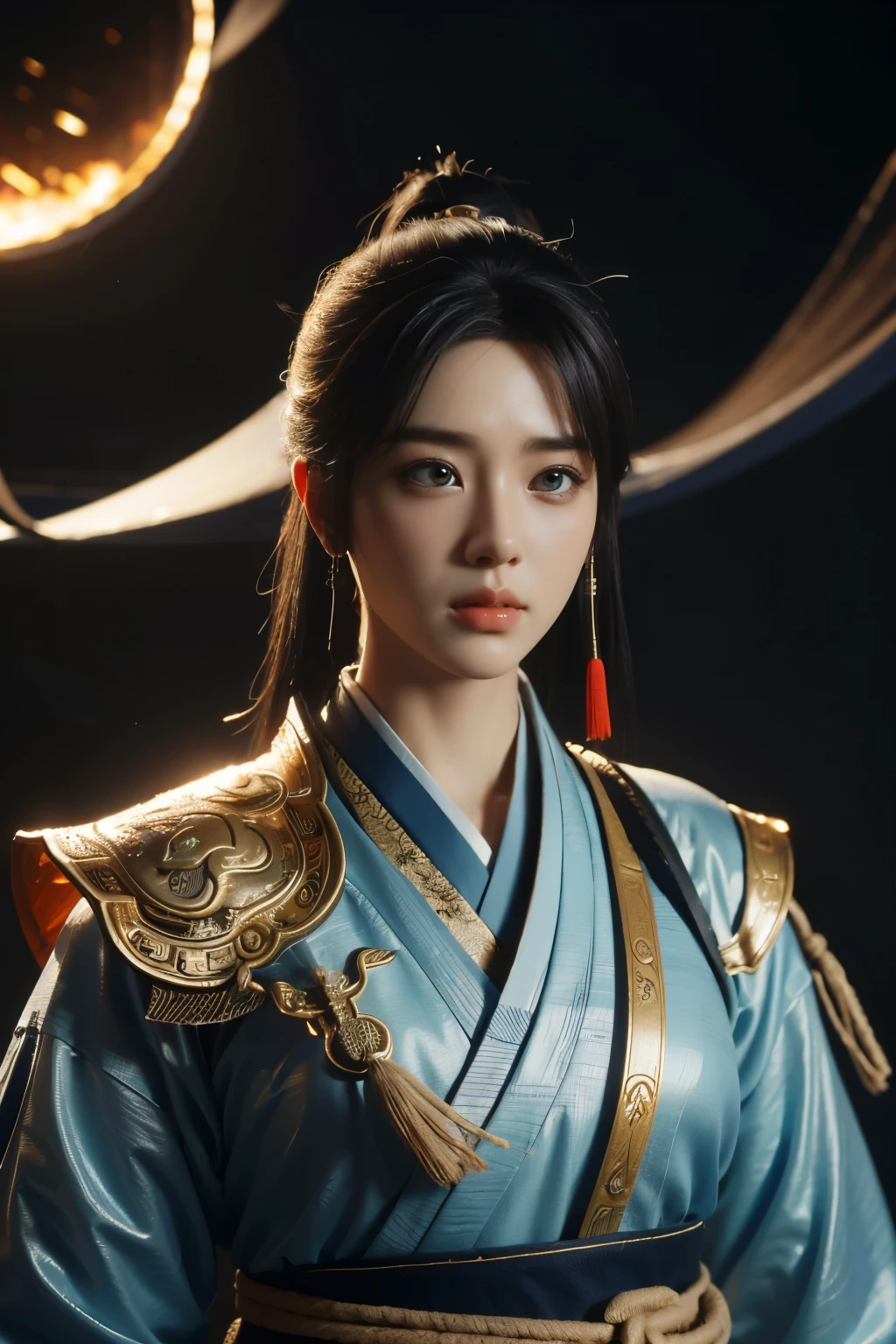 Game art，The best picture quality，Highest resolution，8K，(A bust photograph)，(Portrait)，(Head close-up)，(Rule of thirds)，Unreal Engine 5 rendering works， (The Girl of the Future)，(Female Warrior)， 
15岁少女，(The generals of ancient China)，An eye rich in detail，(Big breasts)，优雅高贵，冷漠，勇敢的，
(Wearing ancient Chinese cloth，Chinese Hanfu，Costumes of the Tang Dynasty，Costumes are rich in detail，Simple shades)，中国人物，奇幻风格，
拍照姿势，野外背景，Movie lights，Ray tracing，Game CG，((3D Unreal Engine))，oc渲染反射纹