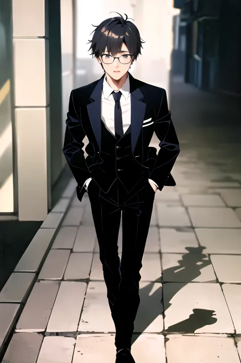 1boy, maou sadao, glasses, suit, walking on the sidewalk