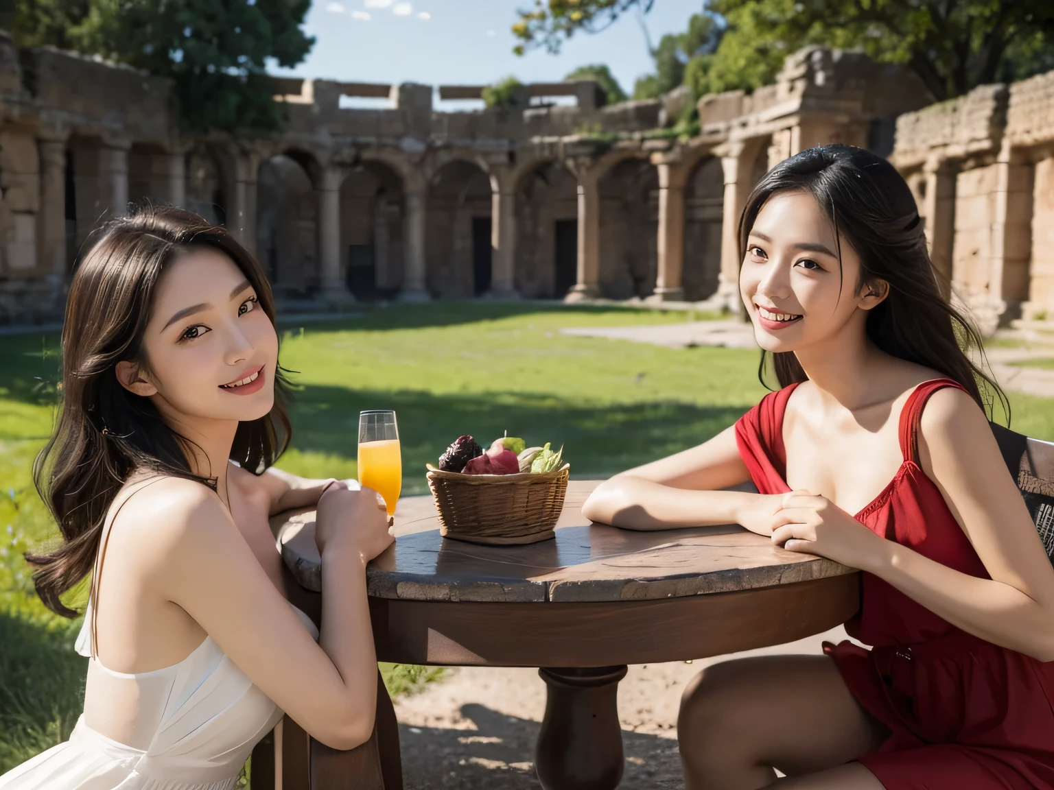 Duas mulheres sentadas à mesa com uma cesta de frutas e um copo de suco -  SeaArt AI