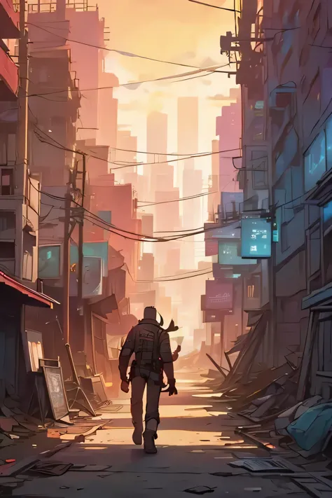 man walking through wastelands with destroyed skyscrapers