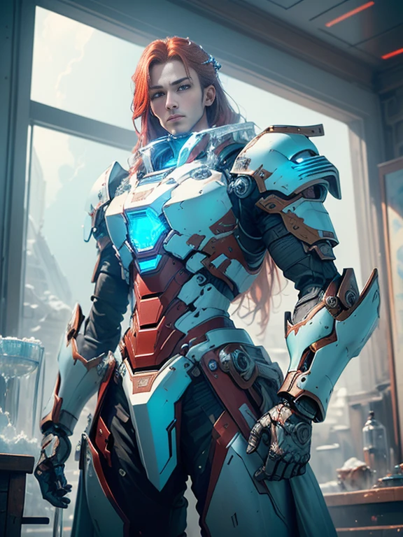 Photorealistic image ((Masterpiece)), ((high quality)) UHD 8K, of a beautiful, slim and realistic mecha transforming Robot, (medium chest), (skinny waist), (long red hair), (blue eyes), ((Hyper-realistic mecha armor, with red metal and intricate ice blue lights)), (in combat position, in a futuristic ship, science fiction