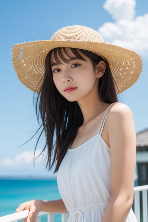 （8K、highest quality、master piece：1.2）、（real、real、photorealistic：1.37）、girl、hyper detail、Beautiful eyes in every detail、Beautiful nose in every detail、（white dress）、（straw hat）、（Summer Cloud）、Upper body close-up、attraction，（（stand up））、roof、handrail、Small town、Summer sea、Blue sky、sandy beach、Front lens、confused look、