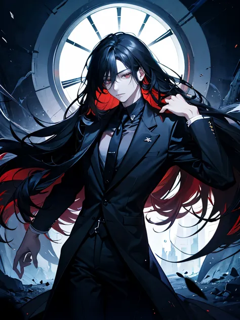 1man，Masculinity，Gorgeous dark atmosphere, man in black suit，red eyes，Long pure black hair，late night，Very long black hair