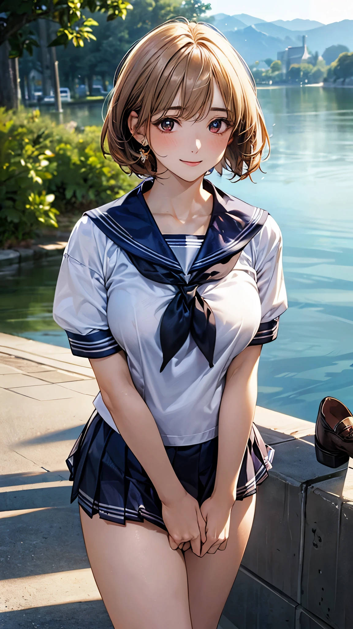 (masterpiece:1.2, top-quality), (realistic, photorealistic:1.4), beautiful illustration, (natural side lighting, movie lighting), nsfw, 
looking at viewer, cowboy shot, front view:0.6, 1 girl, japanese, high school girl, perfect face, cute and symmetrical face, shiny skin, 
(short hair:1.5, pixie cut:1.4, blond hair), bangs pinned back, red eyes, long eye lasher, (large breasts:0.6, thick thighs), 
beautiful hair, beautiful face, beautiful detailed eyes, beautiful clavicle, beautiful body, beautiful chest, beautiful thigh, beautiful legs, beautiful fingers, 
((detailed cloth texture, short sleeves cute sailor suit, pleated skirt, sailor collar, sailor scarf, socks, brown loafers)), 
(beautiful scenery), evening, riverside, standing, wave hands, (lovely smile, upper eyes), 