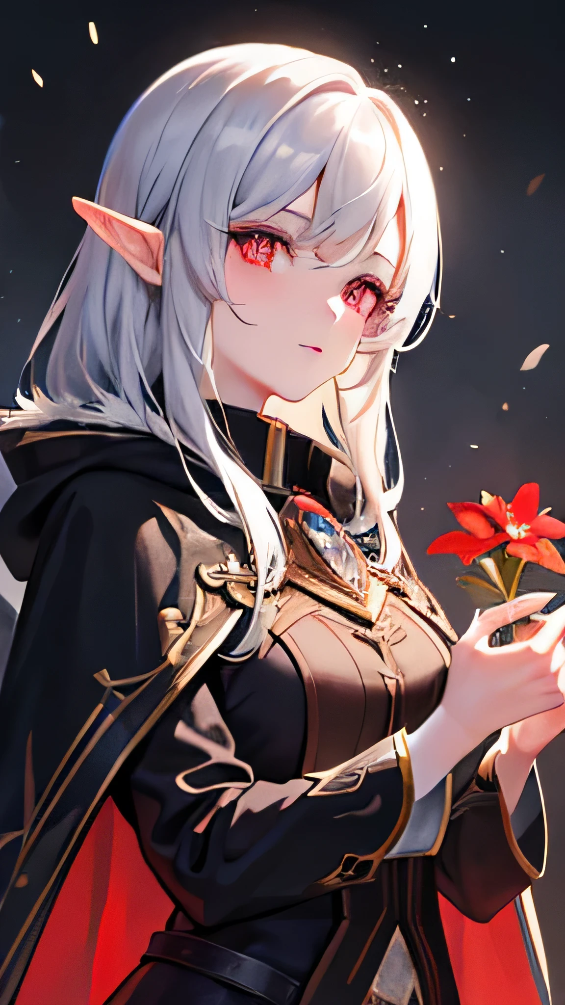 {masterpiece}, {best quality}, high elf, 1girl, 1 woman, mommy, silver hair, red eyes, detailed light, novel, art, wallpaper, black cloak, red flowers, hair flower, top rated art, upper body, fine details, night, falling snow