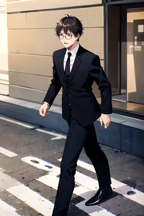 1boy, maou sadao, glasses, suit, walking on the sidewalk