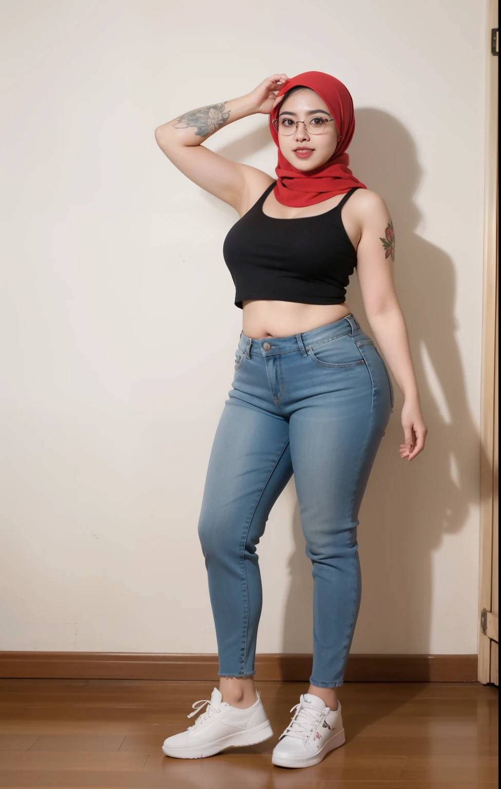 A woman in a black top and jeans posing for a picture - SeaArt AI