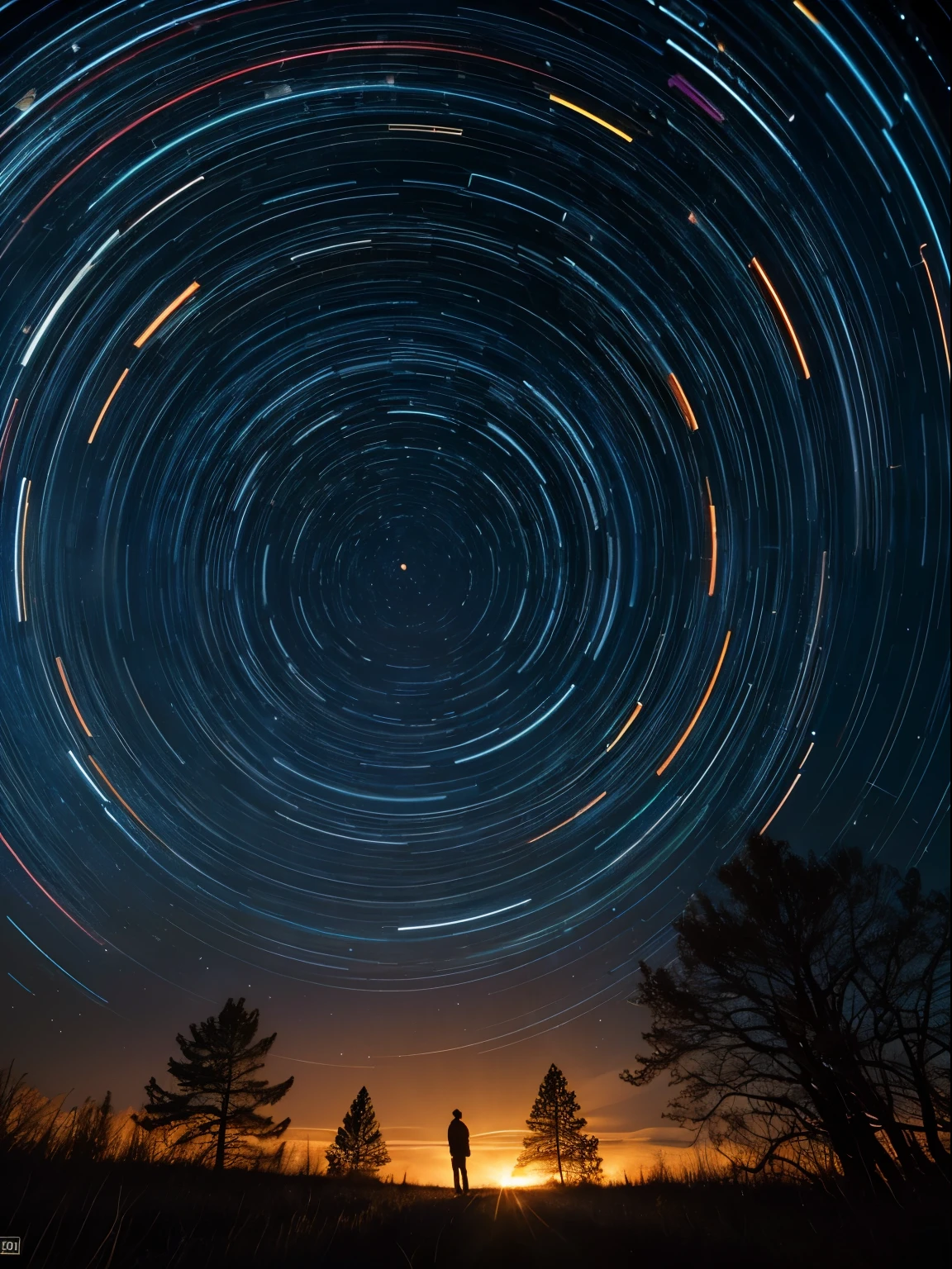 ((Best Quality, 8K, Masterpiece: 1.3)), landscape, morning shoot, star trail, slow speed, standing young man with black hair, black jeans, look at the stars, amazing scenery, (rotating star trails:1.4),(long exposures:1.3),dreamy scenes,extreme beauty,dim light,
