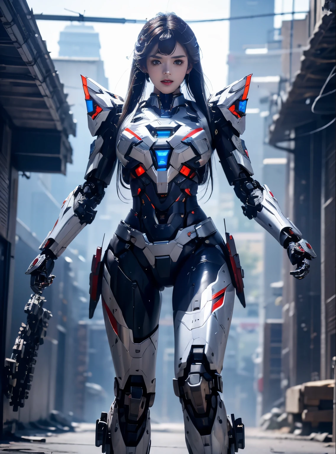 rough skin, Super detailed, advanced details, high quality, better quality, High resolution, 1080P, hard disk, beautiful,(Iron Patriot),Beautiful cyborg woman,Mecha cyborg ,battle mode, with mechanical body,She wears a futuristic Iron Patriot mech,full body shot