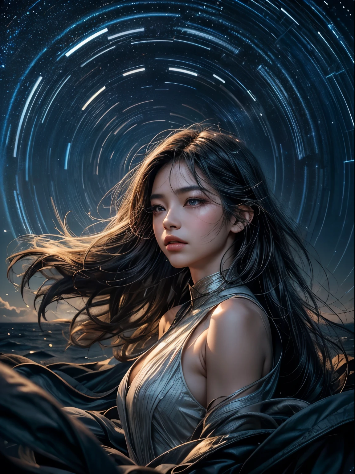 ((Best Quality, 8K, Masterpiece: 1.3)), landscape, morning shoot, star trail, slow speed, standing young man with black hair, black jeans, look at the stars, amazing scenery, (rotating star trails:1.4),(long exposures:1.3),dreamy scenes,extreme beauty,dim light,