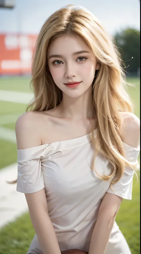 short sleeves,off shoulder, dress,, best quality，masterpiece，ultra high resolution，（fidelity：1.4），RAW photos，20-year-old sexy model, cute young girl, messy long hair，smiled shyly, curls, blond hair, Campus style, on a football field, Pose gracefully, Posin...