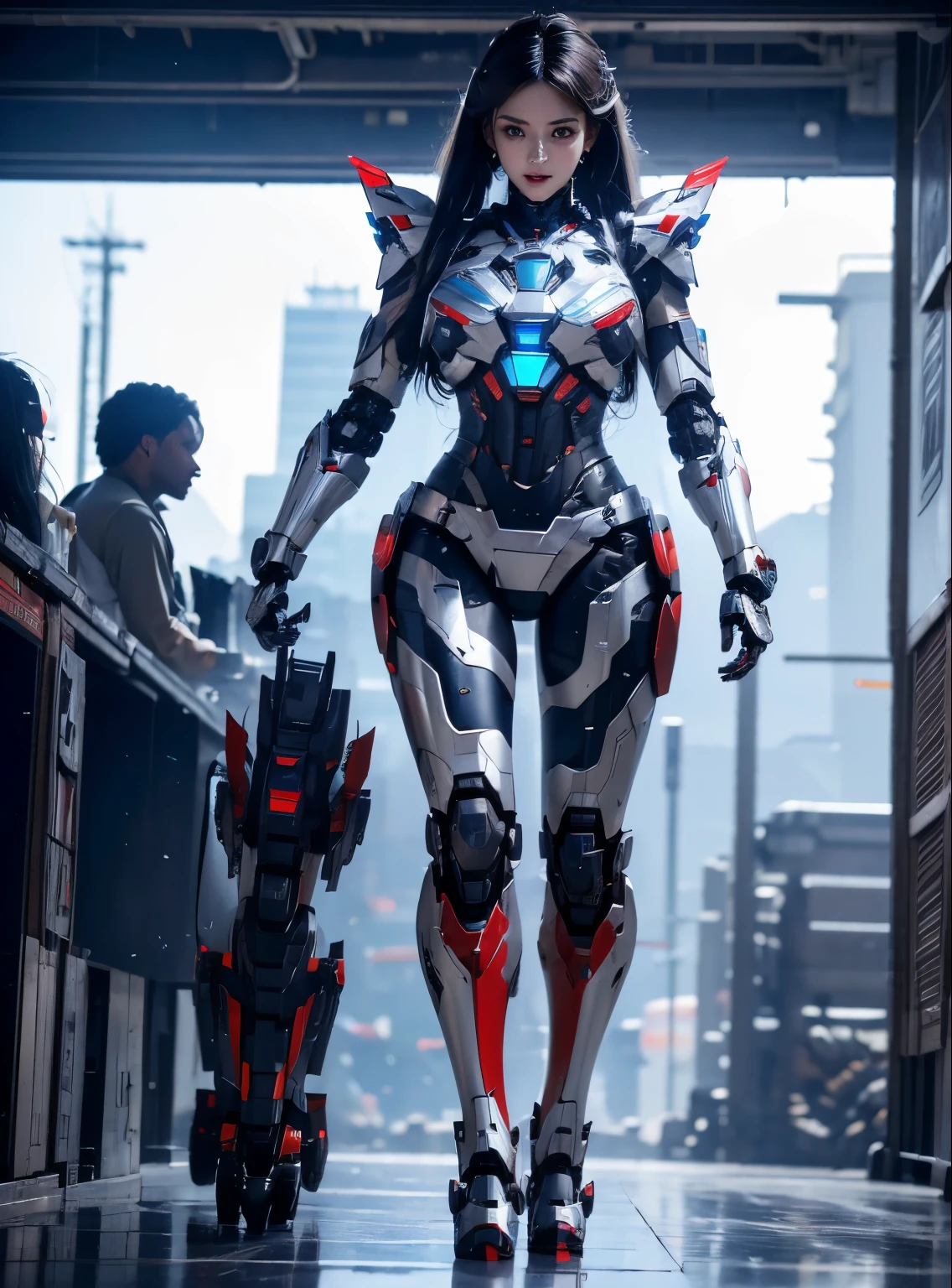 rough skin, Super detailed, advanced details, high quality, better quality, High resolution, 1080P, hard disk, beautiful,(Iron Patriot),Beautiful cyborg woman,Mecha cyborg ,battle mode, with mechanical body,She wears a futuristic Iron Patriot mech,full body shot