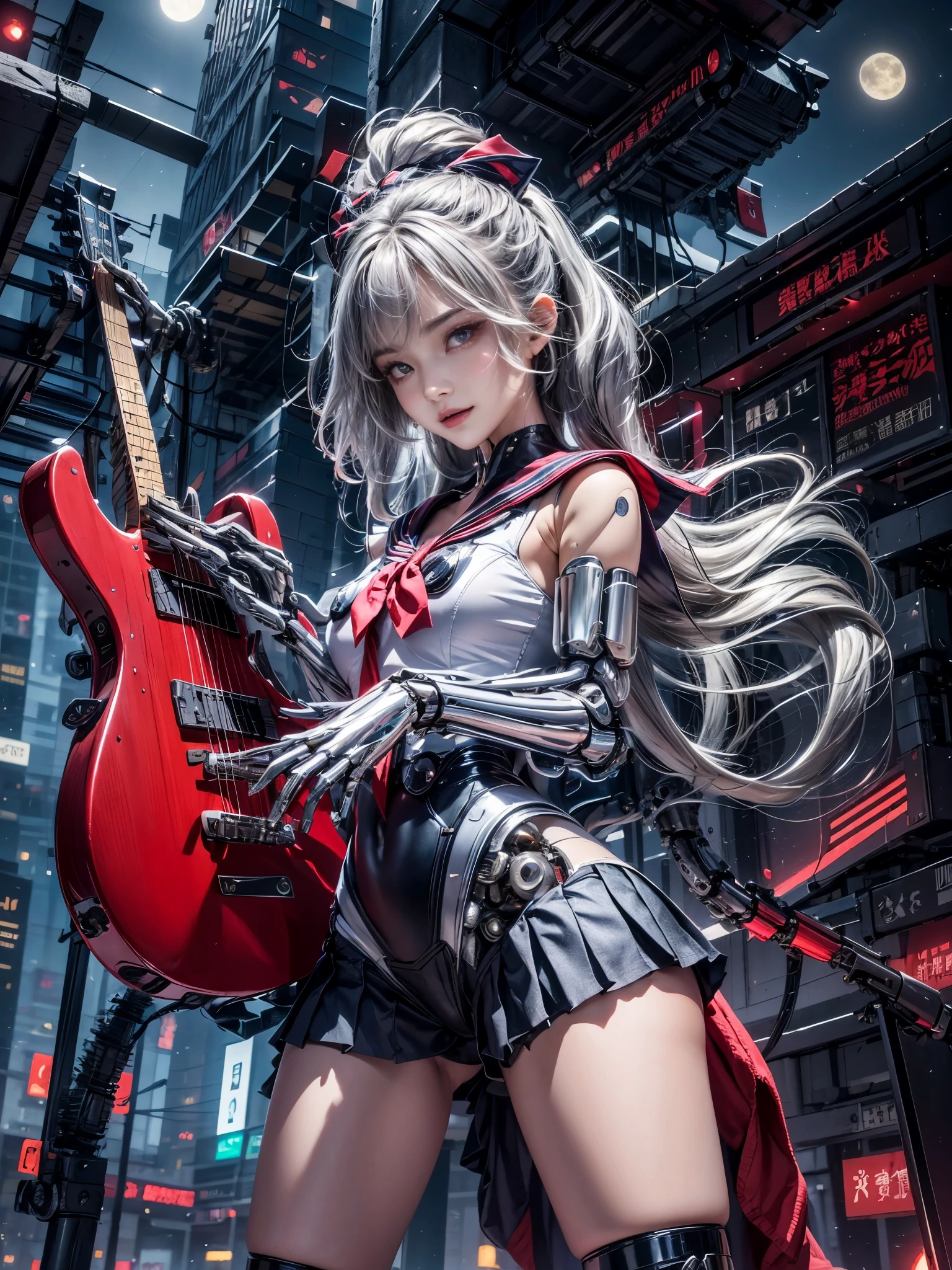 cinematic lighting,super dense skin、Beautiful quality with attention to detail,perfect anatomy,cyber punk、(dim color, pleasant color:1.3),(Detailed beautiful facial features、red eyes:1.3)(sailor suit、Black pleated skirt:1.4)(Arms and legs are mechanical:1.4)（16 year old beautiful woman with medium bob hair and silver hair:1.2）smile（have fun playing the guitar、highly detailed hands:1.4）Buildings in a big city at night、roof of the building、Play the guitar（Highly detailed feet:1.3）acrobatic（deep at night、shining moon、beautiful night:1.5）、whole body