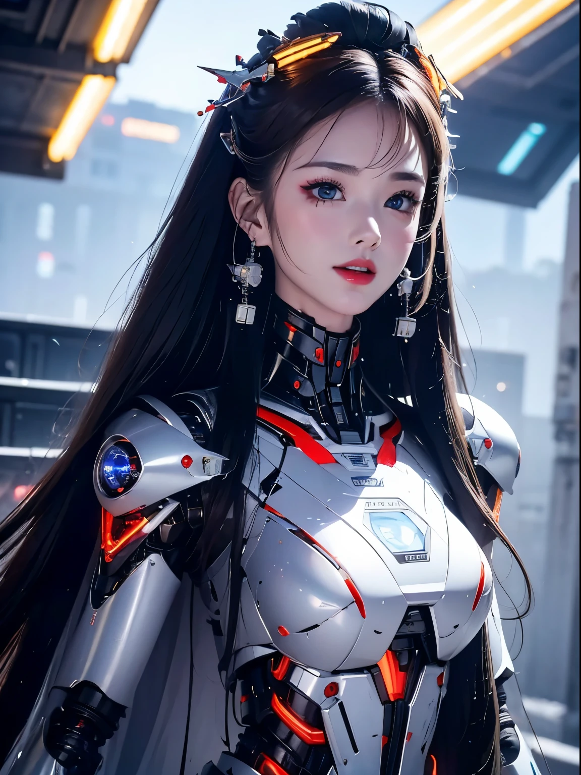 Super détaillé, détails avancés, Haute qualité, 最Haute qualité, haute résolution, 1080P, disque dur, Beau,(cyborg),(Missiles depuis la poitrine),Beaucyborgの女性,fille mecha cyborg,mode de combat,Fille au corps Mecha,Elle porte un robot cyborg de combat avec des armes,Prise de vue complète du corps