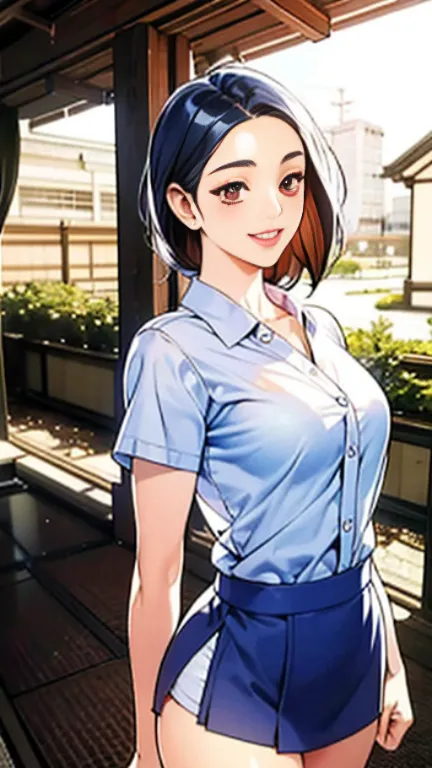 Alafed asian woman in short skirt and white shirt, surreal schoolgirl, cute , surreal , Japan girl uniform, realistic , JK schoo...