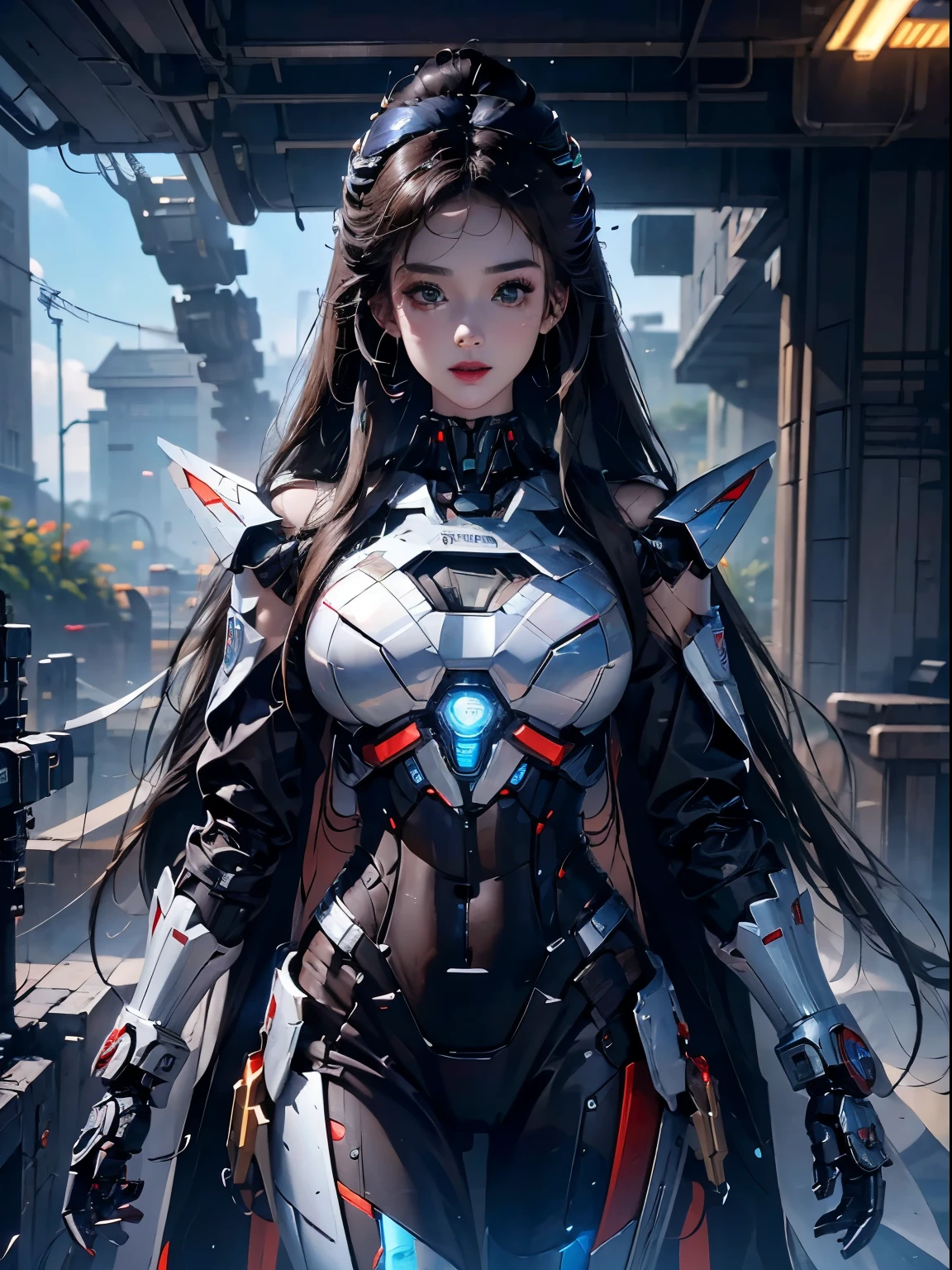 Super detailed, advanced details, high quality, better quality, High resolution, 1080P, hard disk, beautiful,(Iron Patriot),beautifulサイボーグの女性,Mecha cyborg ,battle mode, with mechanical body,She wears a futuristic Iron Patriot mech,full body shot