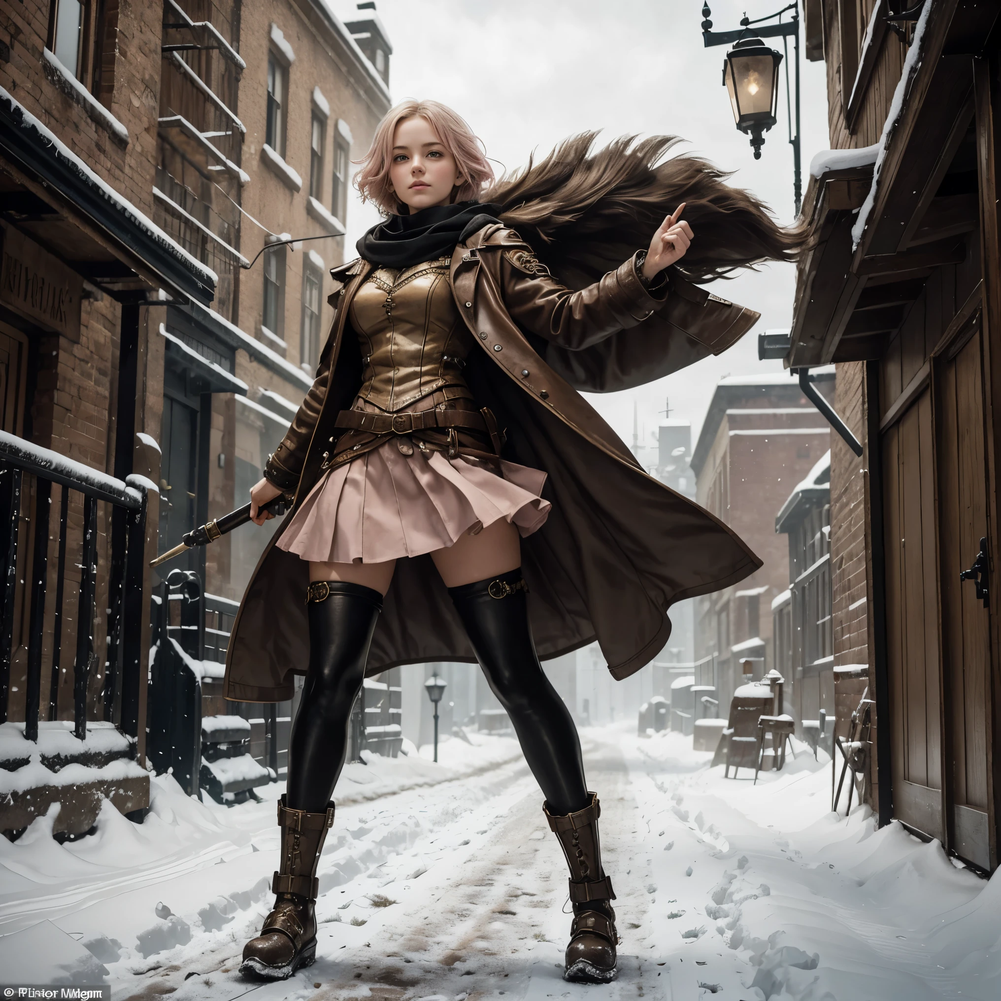 Imagine a new character: a young girl, 16 years old, of  stature, with a rosy white complexion that contrasts with her very short, blonde hair. She's adorned in a vibrant pink skirt, paired with a sturdy brown leather jacket and a beige hooded cloak. Carrying a few daggers, she confidently strides through the snow-covered streets of a steampunk city.

This intrepid girl, captured in a full-body image, navigates through the city where colossal gears turn, steam pipes release plumes of smoke, and gas lamps illuminate the path. The hood of her cloak partially shields her face, adding an air of mystery as she moves gracefully through the chilly and enigmatic steampunk environment, showcasing her combat skills with the daggers in tow.