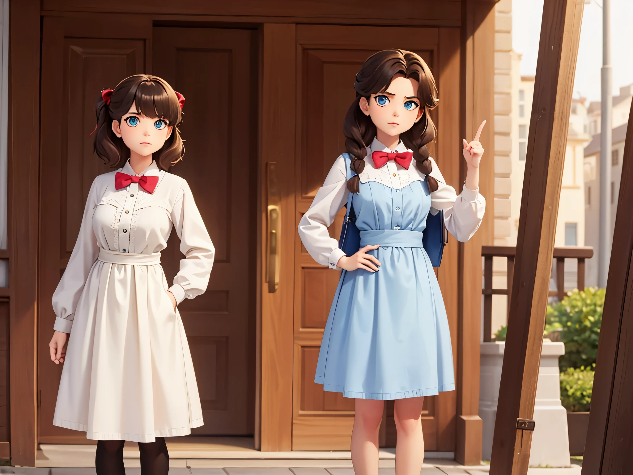 masterpiece, twain, girl, standing side by side, missimilar hairstyle, missimilar eye color, missimilar outfit,