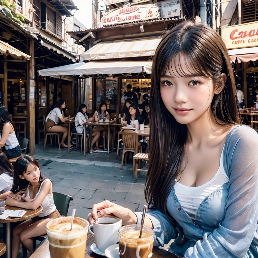 (realistic、High resolution:1.3), charming Philippines girl , cafe , crowded cafe