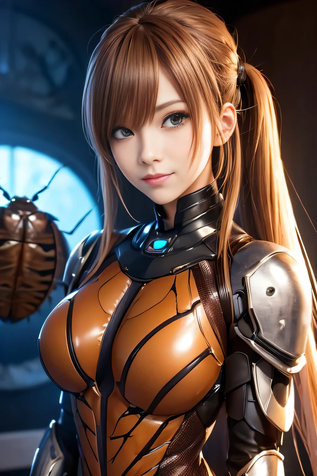 (High resolution,masterpiece,highest quality,Very detailed CG, anime, official art:1.4), realistic, photograph, amazing details, Everything is complicated, luster and luster,so many layers, 8k wallpaper, 3D, sketch, cute, shape,( alone:1.4), perfect female proportions,villain&#39;Daughter of, (Fusion of dark brown cockroach and lady:1.4), (brown cockroach form lady:1.2), (brown cockroach woman:1.2), (Fusion:1.2), (alone:1.4), (evil smile:1.2), muscular, abs, (Cockroach brown exoskeleton bio insect suit:1.4), (Cockroach brown exoskeleton bio insect armor:1.2), (brown transparent cockroach feathers:1.4), (brown cockroach antenna:1.3),