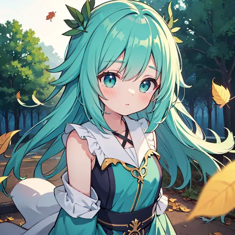 (high detail:1.2)anime girl,(cinematic lighting,delicate color),(fallen leaves:1.2), calm lighting, wind, fog. turquoise, delta ...