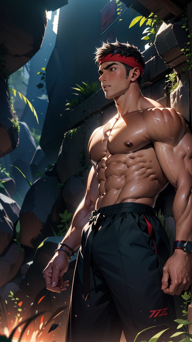 (Masterpiece, Best quality, 18 year old boy, 8k, ultra-detailed, (bust shot)), (from below, looking away, worm eyes, thin lips), (1 boy, solo), Young, (teenager), (Dark Short straight hair, under cut, black eyes), Shirtless, topless, (torn Green headband), (Depth of field:1.2), (Abs, chest, upper arms), (topless male), man with martial arts stance, athretic body, (background: inside caves, night), sweat, natural pose