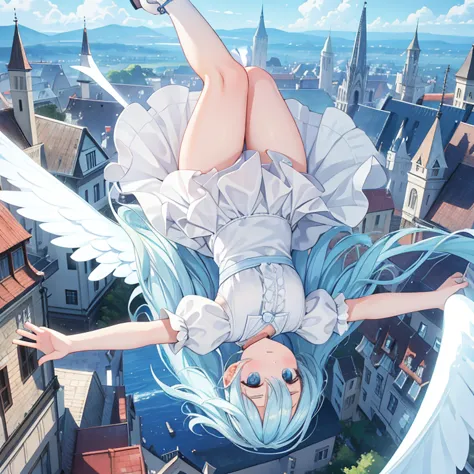 high quality,girl falling upside down,air,light blue hair,white dress,Angel&#39;s wing,European style city on the ground