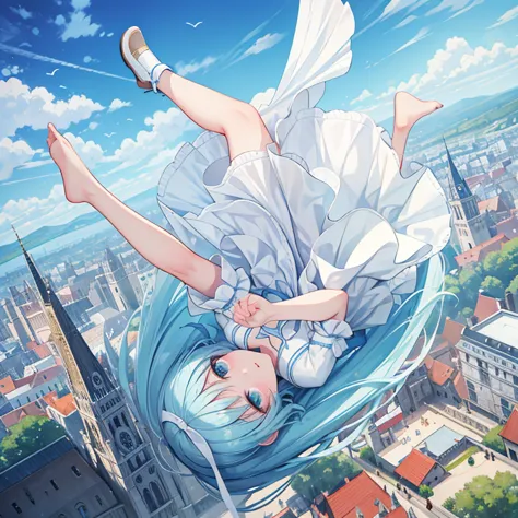 high quality,girl falling upside down,air,light blue hair,white dress,wing,European style city on the ground