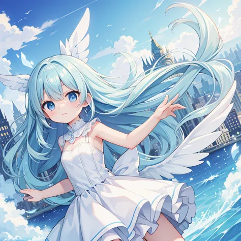 high quality,Falling Girl,perfect anatomy,air,light blue hair,white dress,wing,A European-style city on a distant land