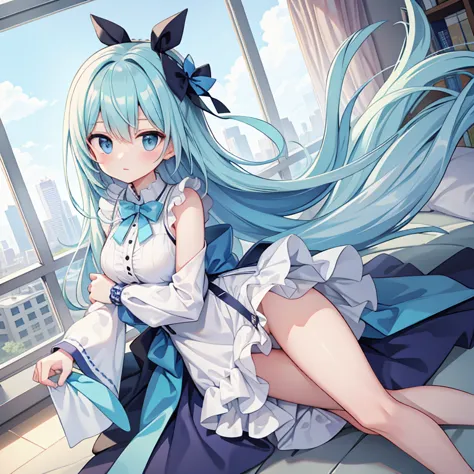 high quality,Falling Girl,perfect anatomy,air,light blue hair,white dress,wing,European style city on the ground,High Office