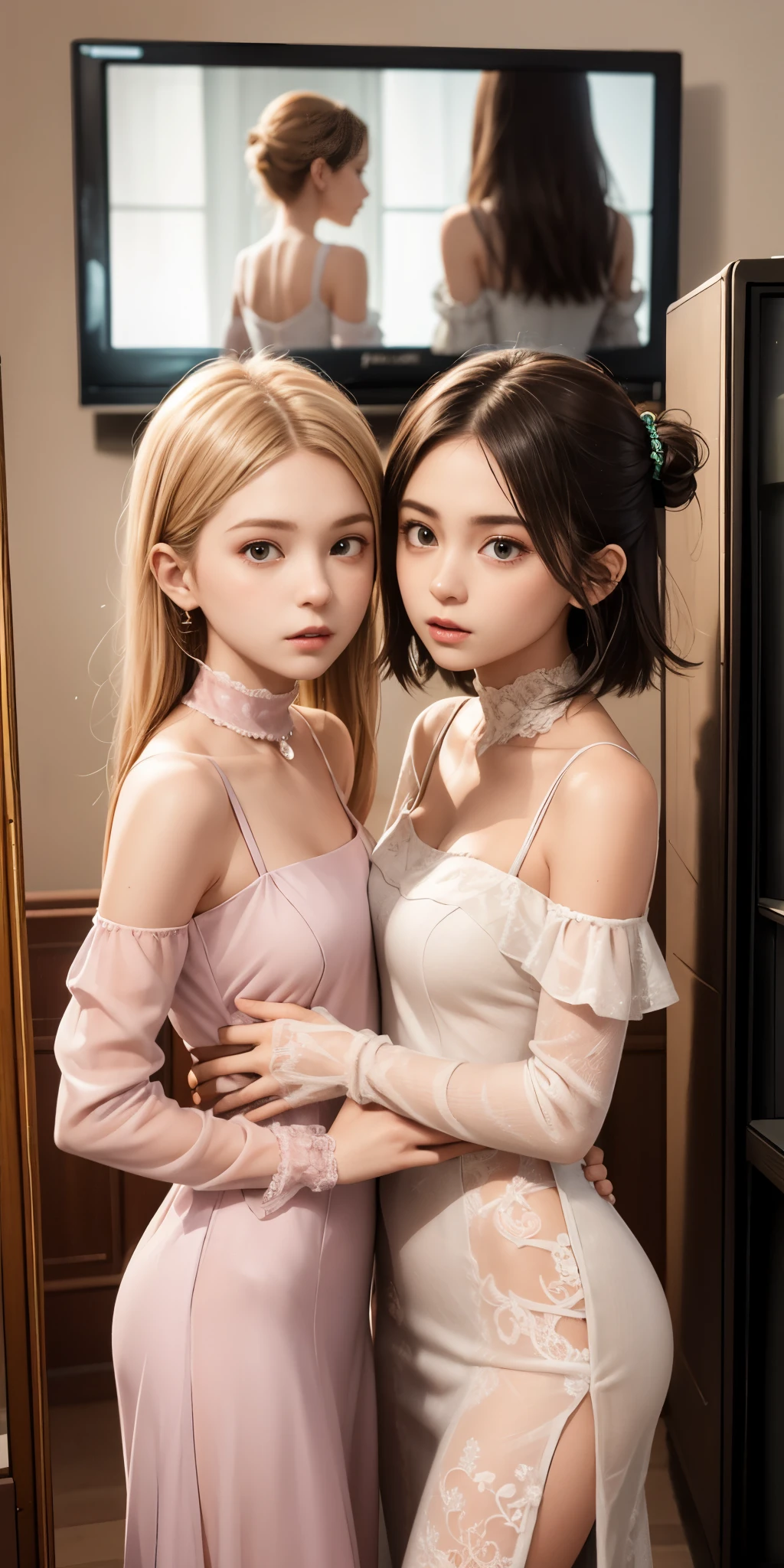 two women in dresses standing next to each other in front of a tv, pov, two girls, annoying sister vibes, lesbians, cute girls, gen z, looking this way, pov shot, two models in the frame, sisters, hd, they are very serious, lesbian, multiple, 2 sisters look into the mirror, serious faces, photo shoot
