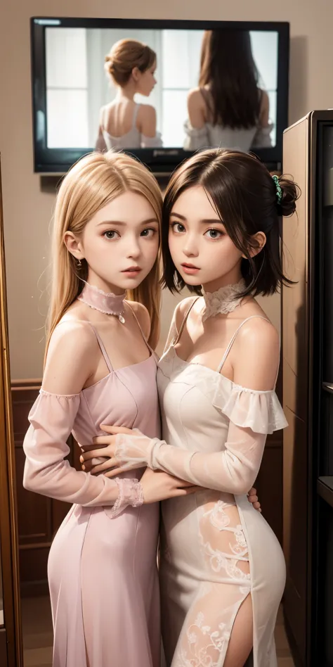 two women in dresses standing next to each other in front of a tv, pov, two girls, annoying sister vibes, lesbians, cute girls, gen z, looking this way, pov shot, two models in the frame, sisters, hd, they are very serious, lesbian, multiple, 2 sisters loo...