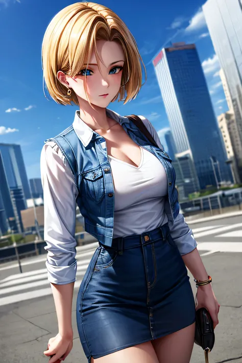 android 18, android 18, blonde hair, blue eyes, eyelash, hoop earrings, short hair, earrings, break belt, black legwear, black s...