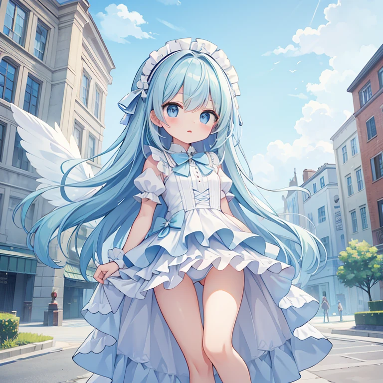 Haute qualité,dérouler,fille,Anatomie parfaite,air,cheveux bleu clair,Robe blanche,aile,Ville de style européen sur le terrain,culotte à volants bleu clair