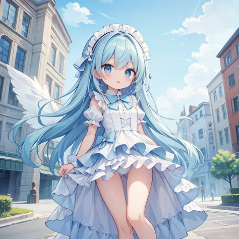 high quality,drop down,girl,perfect anatomy,air,light blue hair,white dress,wing,European style city on the ground,light blue fr...
