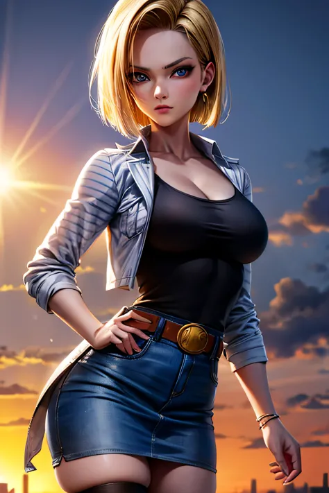 android 18, android 18, blonde hair, blue eyes, eyelash, hoop earrings, short hair, earrings, break belt, black legwear, black s...