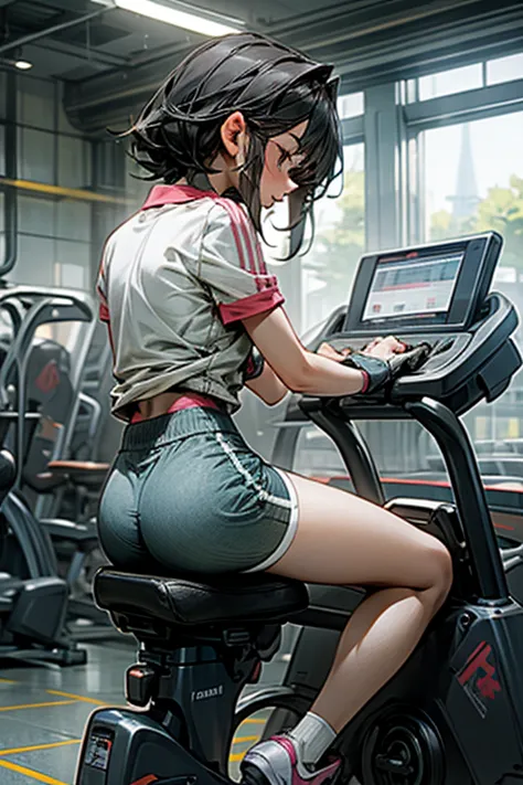 a girl straddling gym cycle saddle cushion, dolphin shorts,
